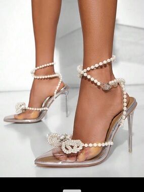 SHEIN Pearl Wrap Clear Stiletto Sandals - White